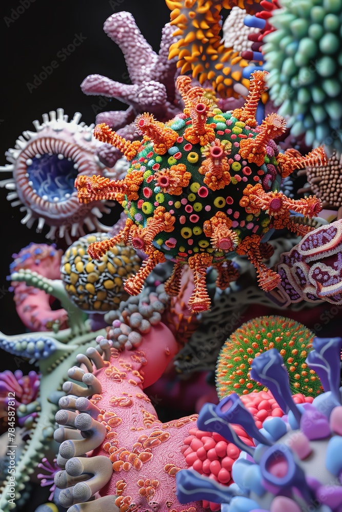 Obraz premium Capture the complex beauty of different pathogens such as viruses, bacteria, and fungi in a digital photorealistic rendering Show their intricate structures and textures in a colorful and detailed por