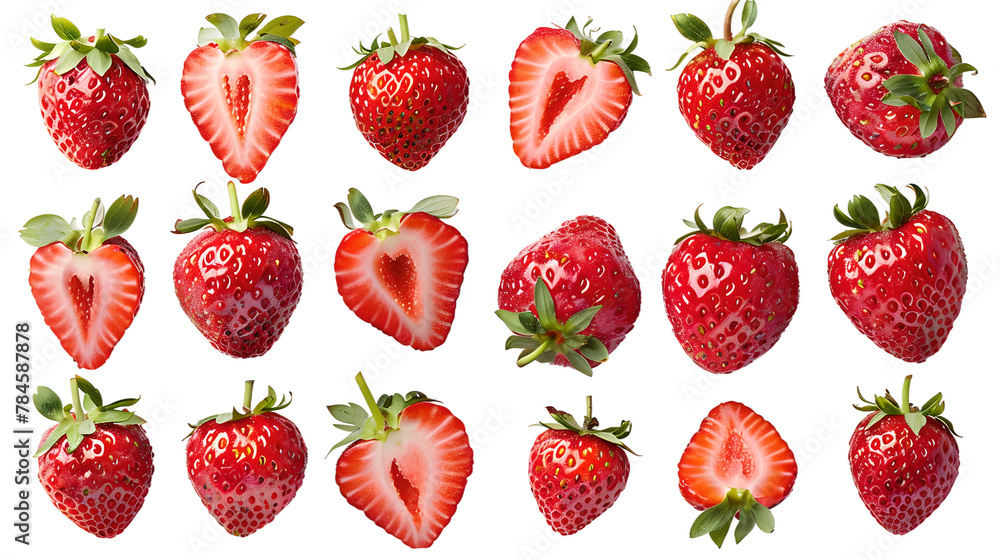 Delightful Strawberries and Halves, Isolated on Transparent Background, Generative AI Delightful Strawberries and Halves, Isolated on Transparent Background, Generative AI