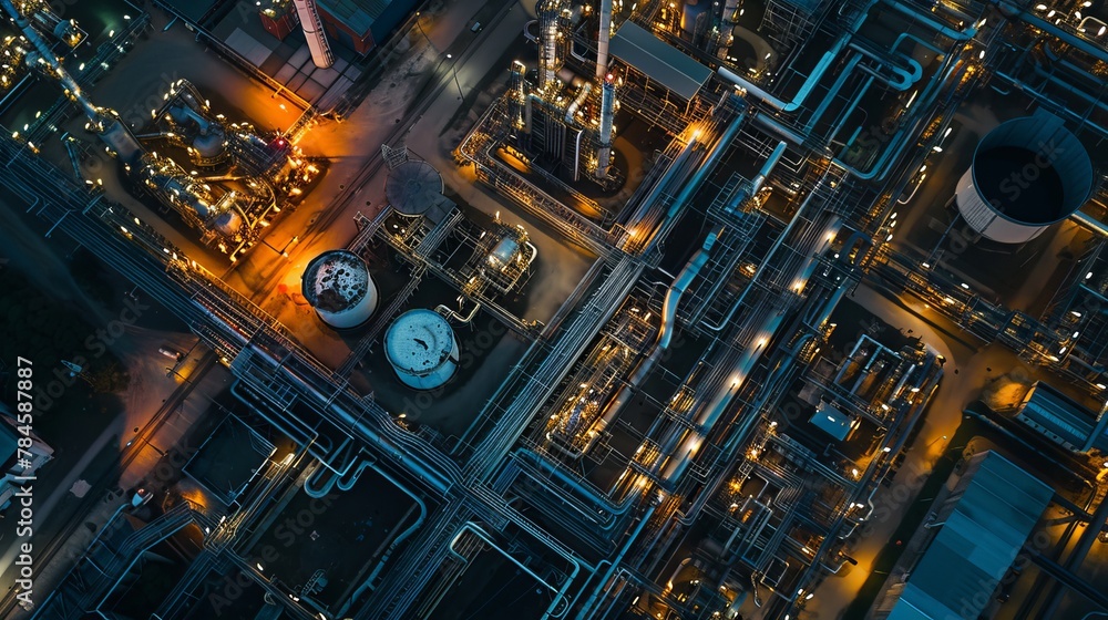 Aerial view of an oil refinery plant at night, emphasizing the industrial scale and environmental considerations of the oil and gas industry 