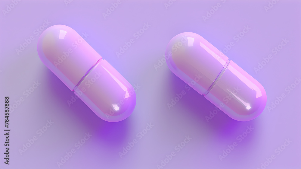 two pills capsules on violet background two pills capsules on violet background
