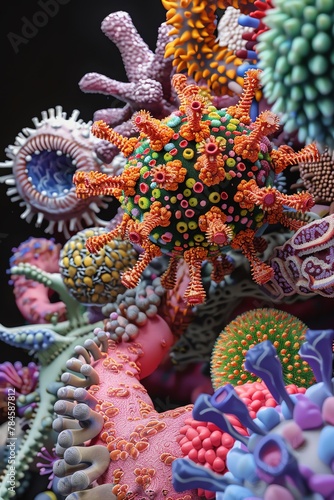 Capture the complex beauty of different pathogens such as viruses, bacteria, and fungi in a digital photorealistic rendering Show their intricate structures and textures in a colorful and detailed por © Holly