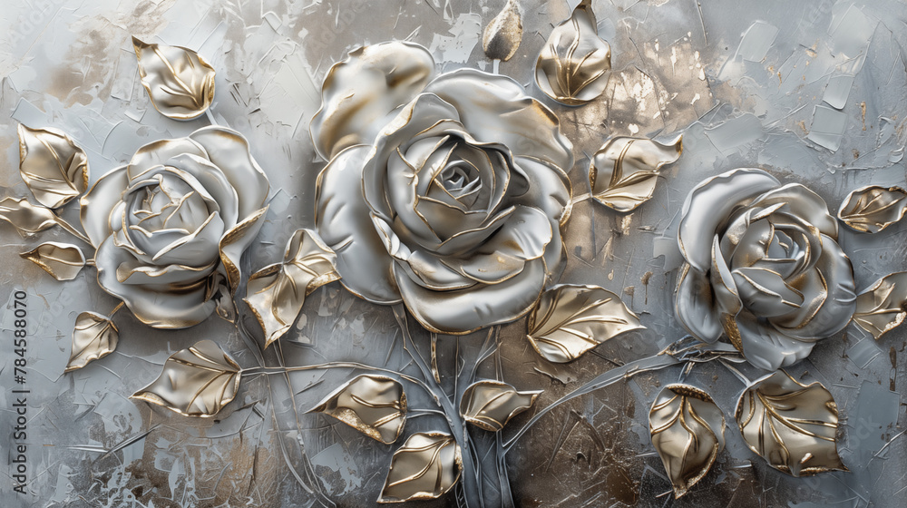 Art print with silver textures and silver roses. as background. Freehand oil painting. Art print with silver textures and silver roses. as background. Freehand oil painting.