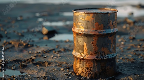 An isolated steel oil barrel, symbolizing the oil industry and fuel storage photo