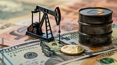 An oil pump jack and a black barrel on US dollar notes, representing the financial returns from oil industry investments photo