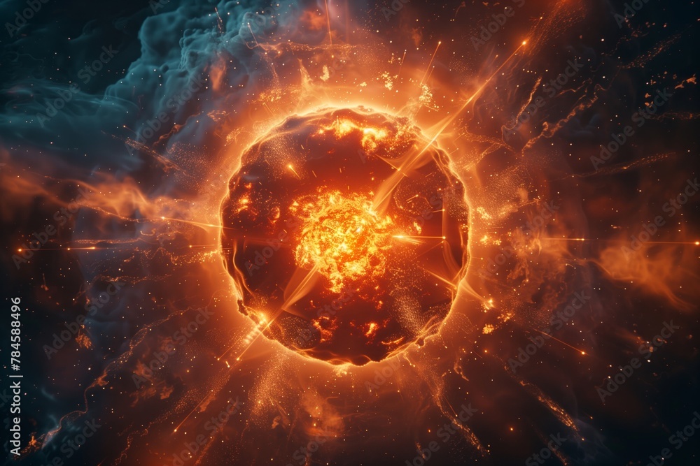 Collision of nuclei of elementary particles, image of nuclear reactions in the model. Explosion with the release of a huge amount of heat and power and light. Collision of nuclei of elementary particles, image of nuclear reactions in the model. Explosion with the release of a huge amount of heat and power and light.