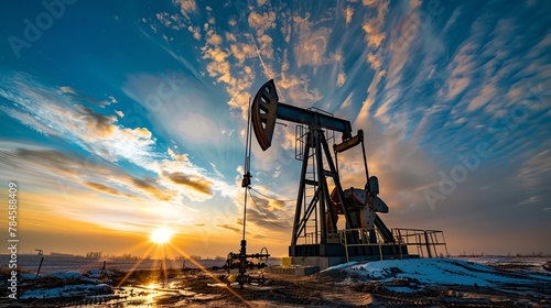 An oil pump jack operates under a blue sky with clouds, symbolizing ongoing energy production even in winter photo