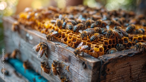 Insect pollinators on a wooden beehive, creating honeycomb for cuisine recipes