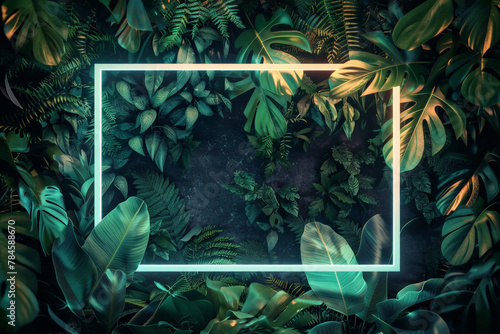 Gold neon frame background with empty space inside, among tropical jungle foliage