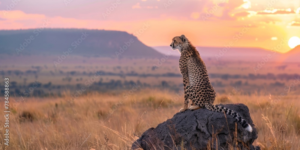 A cheetah poised on a termite mound, surveying the vast savanna, the panoramic view encompassing the vibrant colors of the setting sun against the mountains. - obrazy, fototapety, plakaty 