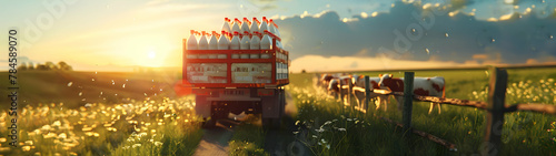 Cargo truck full of bottles with milk on the road in the pasture with cow in a summer countryside and sunset. Concept of high quality food products, local farming, cargo and shipping. photo