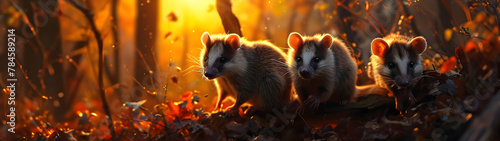 Opossum family in the forest with setting sun shining. Group of wild animals in nature. Horizontal, banner. photo