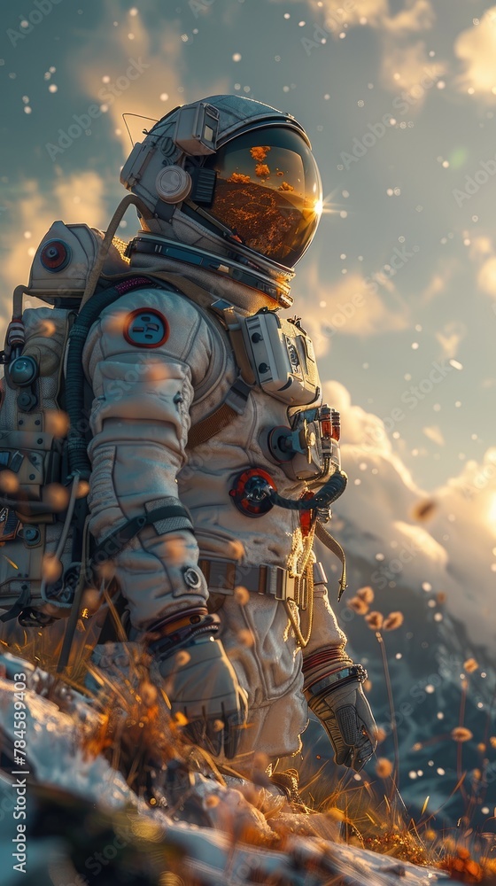 Astronaut strides through a snowy alien terrain. Generative AI Astronaut strides through a snowy alien terrain. Generative AI