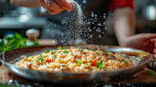 Chef garnishing gourmet tartare with precision. Generative AI