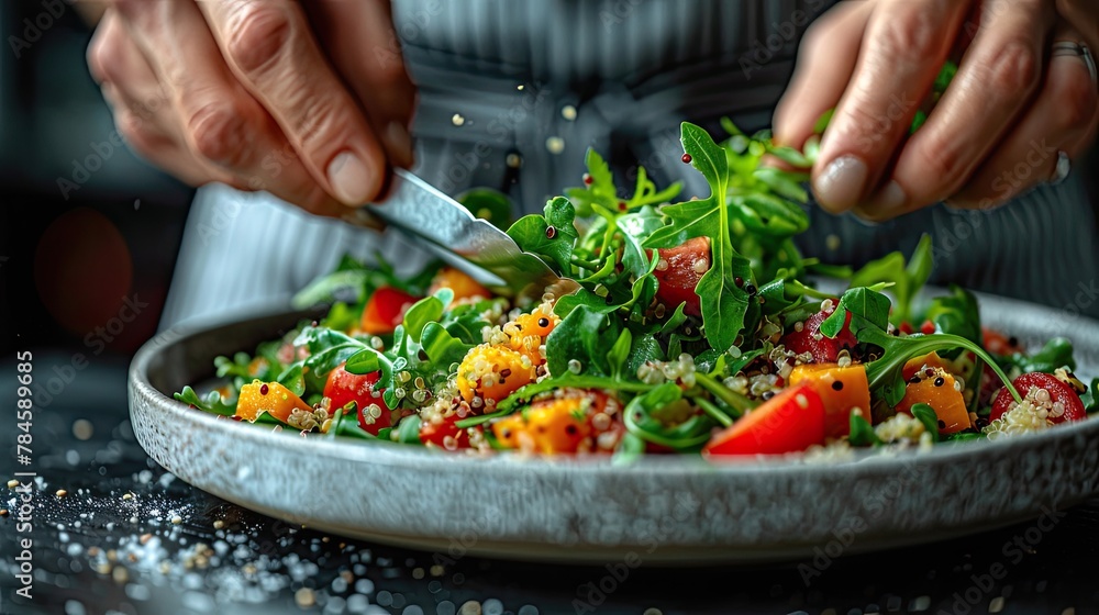Chef garnishing gourmet tartare with precision. Generative AI Chef garnishing gourmet tartare with precision. Generative AI