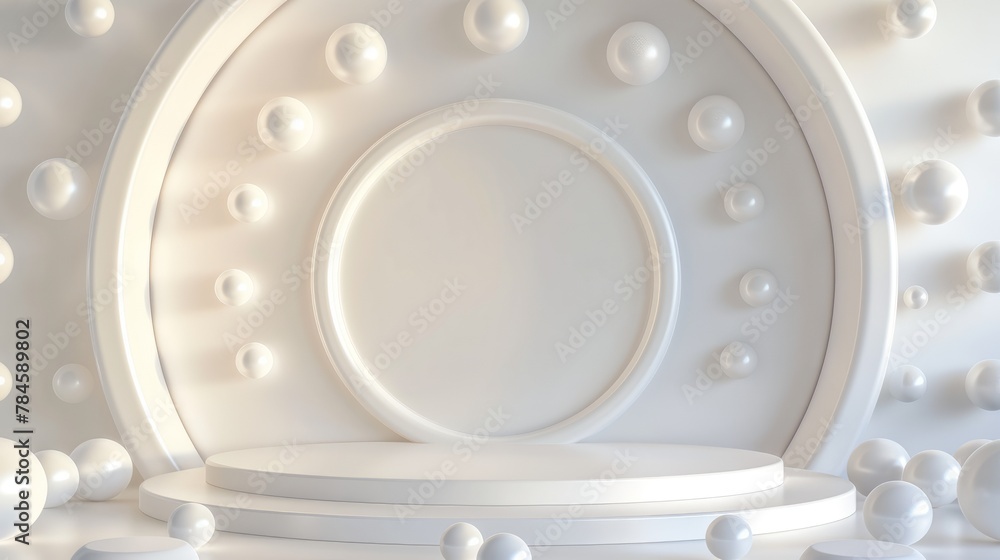 An empty podium, an arch and pearl beads, white balls. A platform for product demonstrations.  A stage showcase.