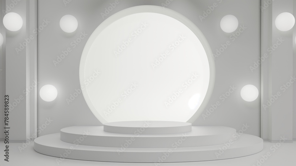 A white background with lamps and an arch, an empty podium with steps. The layout of the platform for product demonstration. A white background with lamps and an arch, an empty podium with steps. The layout of the platform for product demonstration.