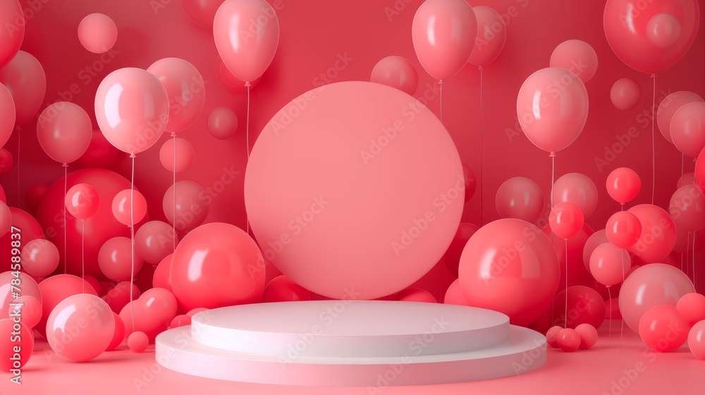 An empty white podium, against a background of pink balloons, a delicate color. A children's showcase for displaying goods. 3D rendering. An empty white podium, against a background of pink balloons, a delicate color. A children's showcase for displaying goods. 3D rendering.
