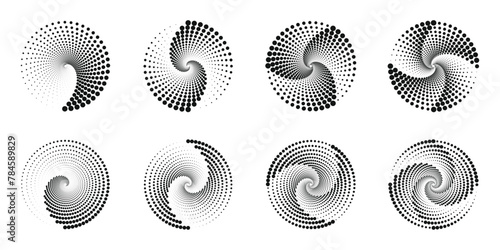 A set of spiral dots backdrop with an abstract silver-colored vector illustration on a black background. This trendy design element suits frames, round logos, signs, symbols, web graphics, prints