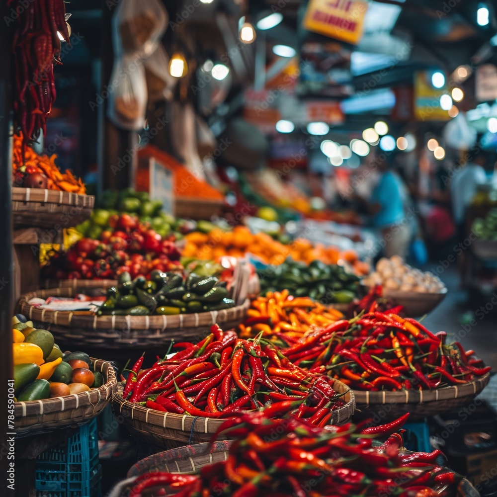 A market scene overflowing with a wide variety of fresh fruits and vegetables displayed in colorful stalls bustling with activity