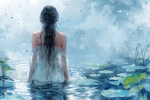 Tranquil Moment: A Woman in White at the Blue Pond
