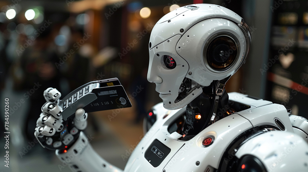 Fototapeta premium A credit card is held by a robotic hand against a technological backdrop.
