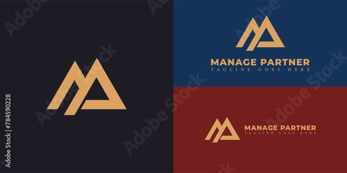 Abstract initial letter MP or PM logo in gold color isolated on multiple background colors. The logo is suitable for business and consulting company logo icons to design inspiration templates.