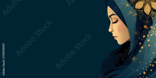beautiful arabic person on a dark blue background with arabic pattern and lot of negative space, banner for Arabic american Heritage Month photo