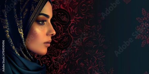beautiful arabic person on a dark red background with arabic pattern and lot of negative space, banner for Arabic american Heritage Month  photo