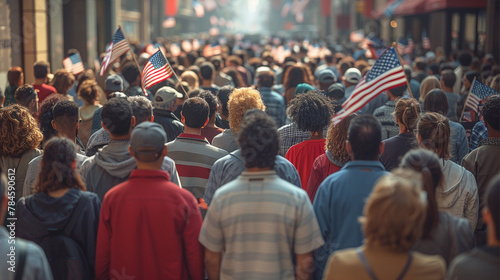 A diverse crowd standing in line on Election Day. Back view perspective