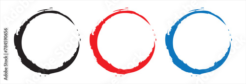 Set 3 color grunge round shapes. Grunge banner collection. Set of different circle brush strokes, hand drawn paint frame for design logo, banner, card. Enso zen circle brush vector illustration.