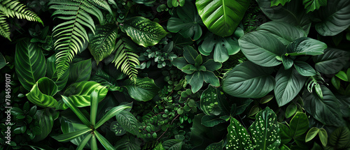 A lush green tropical leaf background with ferns and other foliage. photo