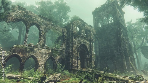 Ancient Ruins Overgrown with Wild Plants.