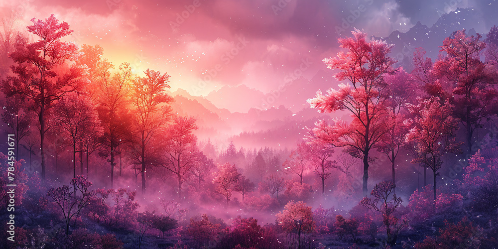 Pink-Violet Wedding Scene amidst Colored Trees