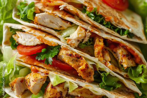 Mexican food concept. Juicy fresh and crispy chicken quesadilla on green lettuce leaves. Close up shot