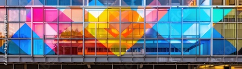 Colorful geometric patterns projected on a modern building facade