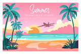 Summer Adventure and Travel concept design. Typography Letter and tropical beach with palm trees