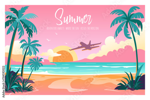 Summer Adventure and Travel concept design. Typography Letter and tropical beach with palm trees