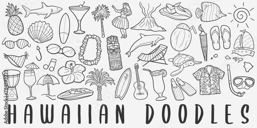 Hawaii Doodle Icons Black and White Line Art. Hawaiian Clipart Hand Drawn Symbol Design.