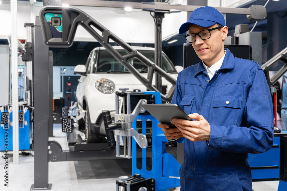 Serviceman with digital tablet on the background of the car in the car service. Serviceman with digital tablet on the background of the car in the car service.