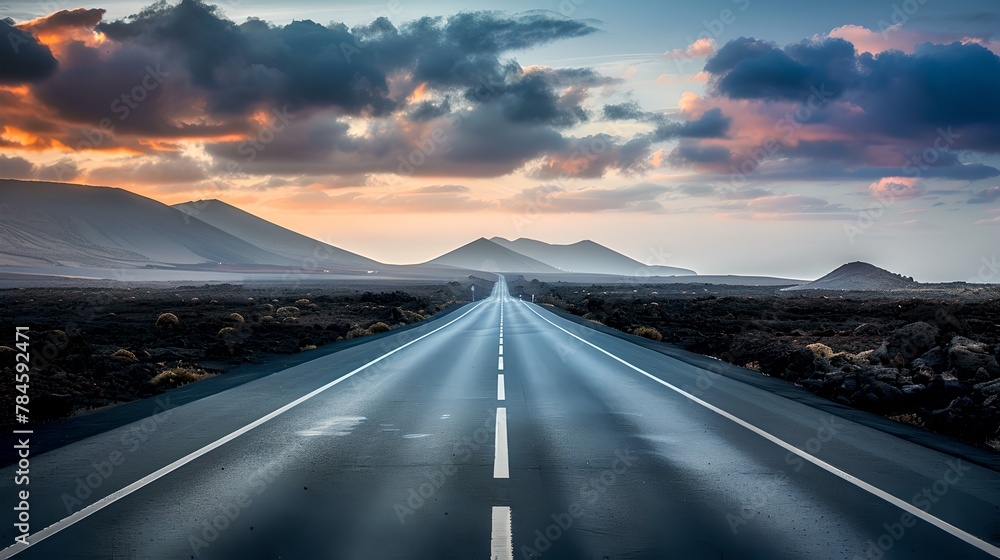 Long Open Road Leading Towards Distant Mountains under a Dramatic Sky at Sunset. Empty Asphalt Highway in Scenic Landscape. Travel and Adventure Concept. AI