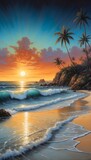 Farbenfrohes Gemälde - Fantasy - Traumhafte Strandlandschaft mit Sonnenuntergang