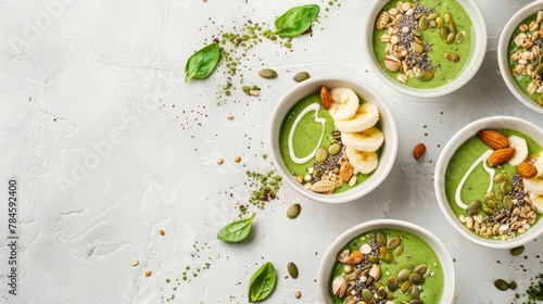 Healthy Green Smoothie Bowls with Seeds, Nuts, and Banana Slices
