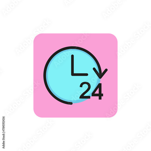 Line icon of clock with twenty four hour sign. All day shop, twenty four hour service, twenty four hour support. Sale concept. Can be used for topics like business, service, commerce