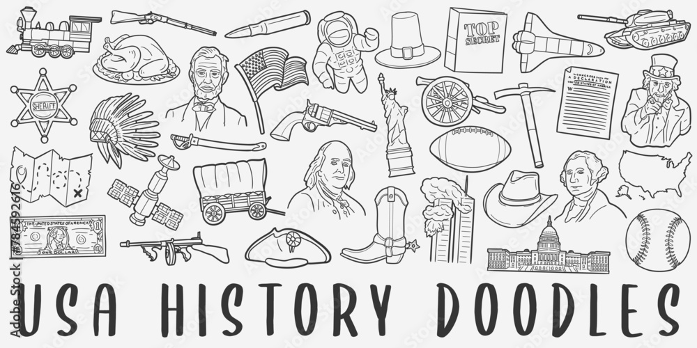 USA History Doodle Icons Black and White Line Art. United States of America Clipart Hand Drawn Symbol Design. USA History Doodle Icons Black and White Line Art. United States of America Clipart Hand Drawn Symbol Design.