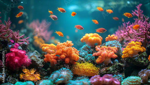 underwater coral reef landscape super wide banner background in the deep blue ocean with colorful fish and marine life © de-nue-pic