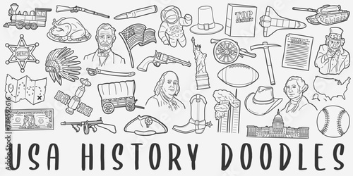 USA History Doodle Icons Black and White Line Art. United States of America Clipart Hand Drawn Symbol Design.