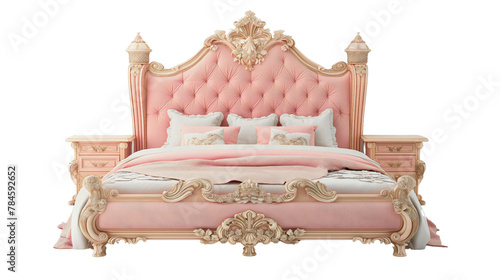Luxury Victorian royal pink princess bed with white pillows, isolated object on transparent background