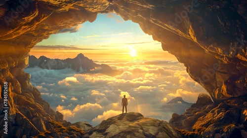 Explorer standing in cave opening observing a sunrise over mountains and clouds. Inspirational landscape view, perfect for backgrounds and wall art. AI