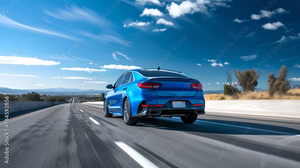 Vibrant blue sports car speeding on a highway under a clear blue sky with fluffy clouds. Dynamic and modern design exudes speed and luxury. Ideal for automotive themes. AI