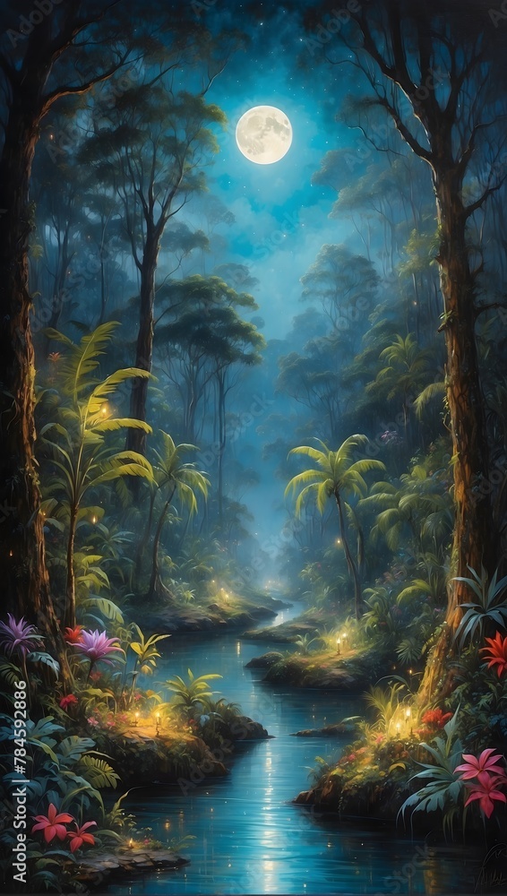 Farbenfrohes Gemälde - Fantasy - Regenwald im Mondlicht